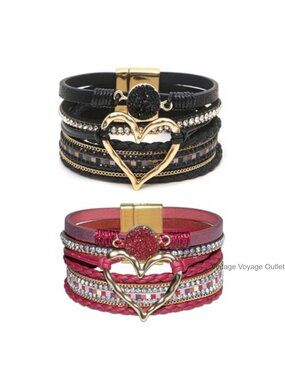 Boho Woven Leather Wrap Bracelet Set Gold Heart Rhinestone Cuff Stackable